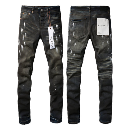 Men Streetwear Skinny Jeans Dark Gray Wash with White Paint Splatter and Brush Strokes 9036