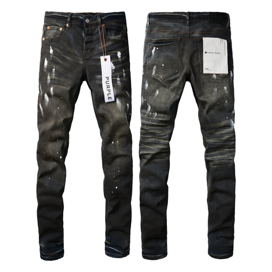 Men Streetwear Skinny Jeans Dark Gray Wash with White Paint Splatter and Brush Strokes 9036