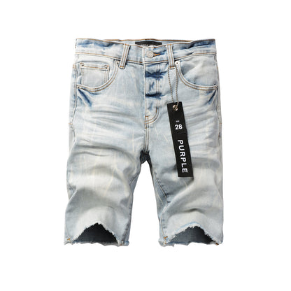 Men Streetwear Denim Shorts Light Blue Wash with Washed Distressed Raw Hem 5017