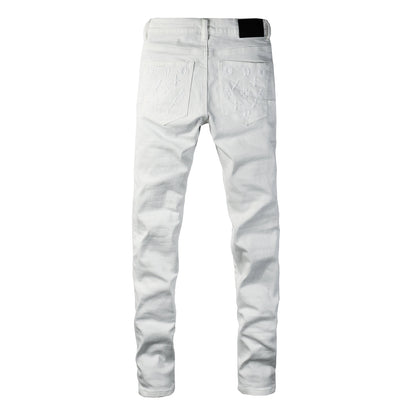 Men Designer Streetwear Skinny Jeans Solid White with 3D Embossed Monogram Pattern 9113