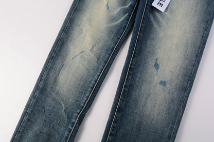 Men Streetwear Skinny Jeans Light Blue Wash with Vintage Faded Wash and Subtle Distress 9055