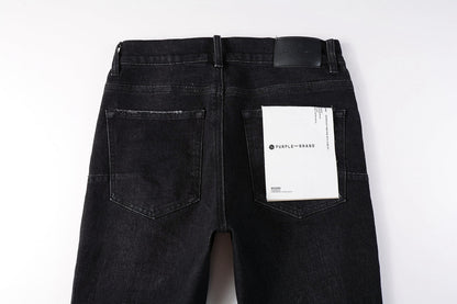 Men Streetwear Skinny Jeans Black Wash with Knee Rips and White Paint Specks 9035