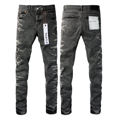 Men Streetwear Skinny Jeans Dark Gray Wash with White Marbled Texture 9056