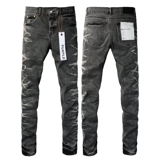 Men Streetwear Skinny Jeans Dark Gray Wash with White Marbled Texture 9056