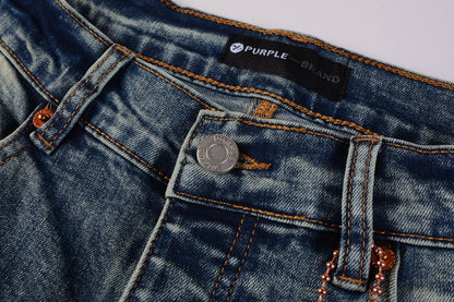 Men Streetwear Skinny Jeans Light Blue Wash with Patchwork Distressed Details 9015