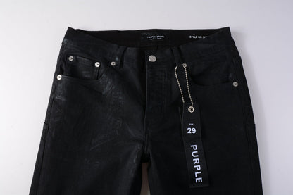 Men Streetwear Skinny Jeans Black Wash with Subtle Sheen and Tag Accent 9082