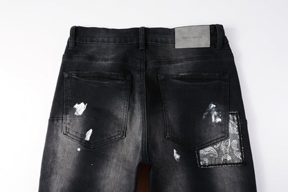 Men Streetwear Jeans Distressed Black Paint Splash Patch Ripped skinny 9099
