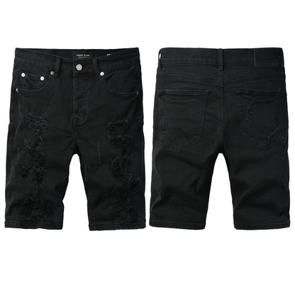 Men Streetwear Black Denim Shorts with Distressed Ripped Details and Raw Hem 5108