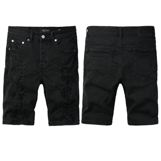 Men Streetwear Black Denim Shorts with Distressed Ripped Details and Raw Hem 5108
