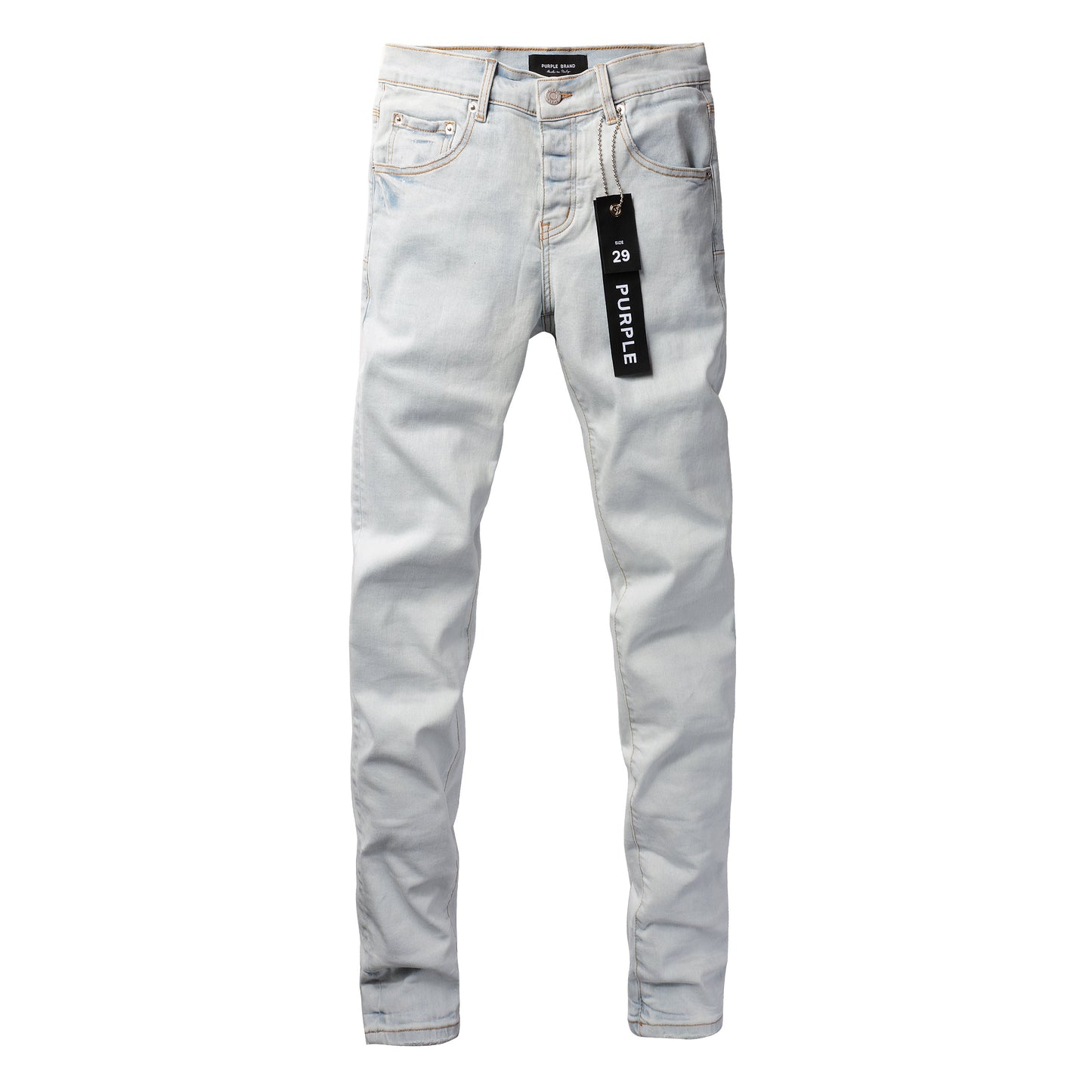 Men Streetwear Skinny Jeans Light Gray Wash with Minimalist Style and Tag Accent 9081