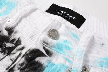 Men Streetwear Denim Shorts White Wash with Blue - Black Ink Floral Print and Raw Hem 5065