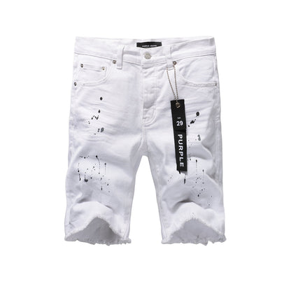 Men Streetwear Denim Shorts White Wash with Black Paint Splatter Print and Raw Hem 5021