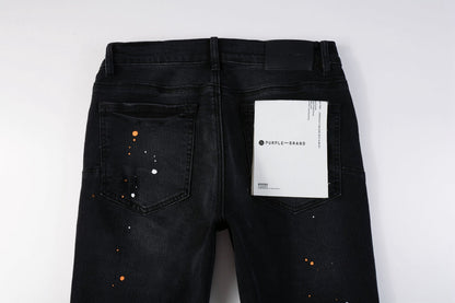 Mens Jeans - Distressed Black Denim with Knee Slit and Ripped Hole 9045