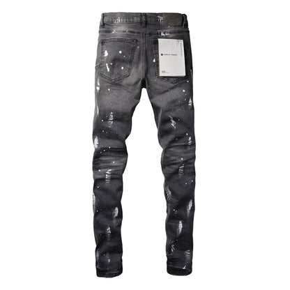 Men Streetwear Skinny Jeans Dark Gray Wash with Knee Rips and White Paint Splatter 9039