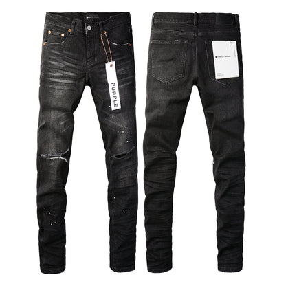Men Streetwear Skinny Jeans Black Wash with Knee Rips and White Paint Specks 9035