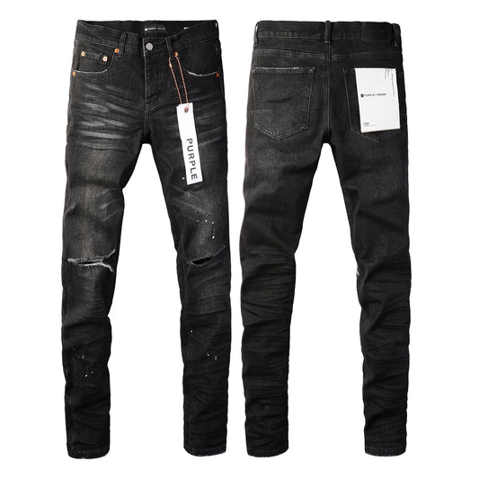 Men Streetwear Skinny Jeans Black Wash with Knee Rips and White Paint Specks 9035