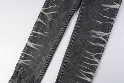 Men Streetwear Skinny Jeans Dark Gray Wash with White Marbled Texture 9056