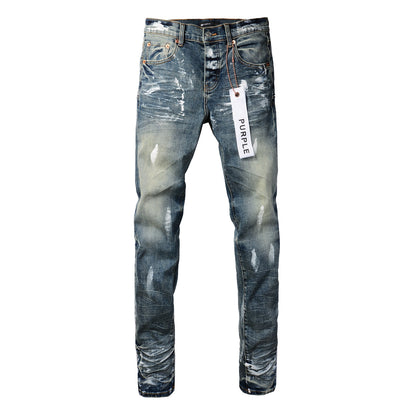 Men Streetwear Skinny Jeans Light Blue Wash with White Paint Brush Strokes 9060
