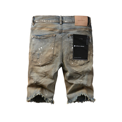 Men Streetwear Denim Shorts Brownish Wash with White Paint Splashes and Distressed Raw Hem 5012