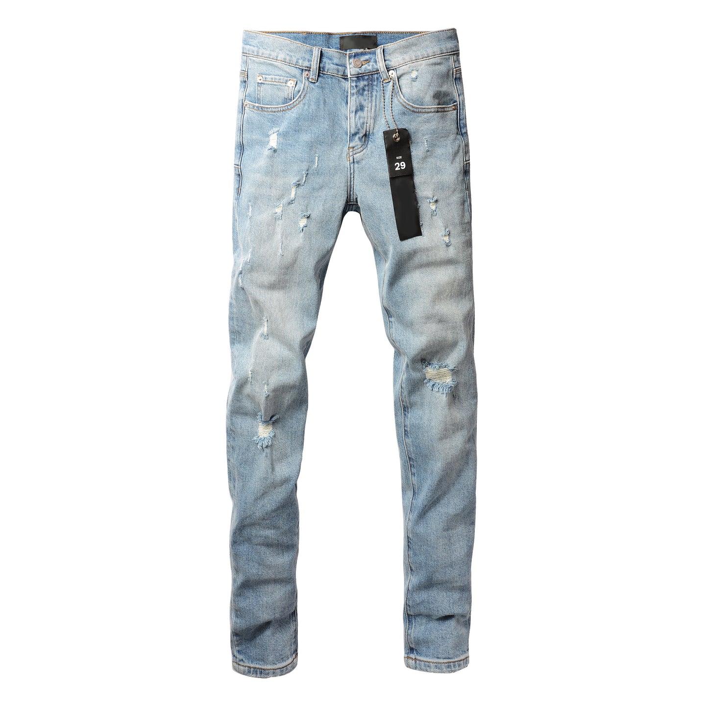 Men Streetwear Skinny Jeans Light Blue Wash with Subtle Distressed Ripped Details 9075
