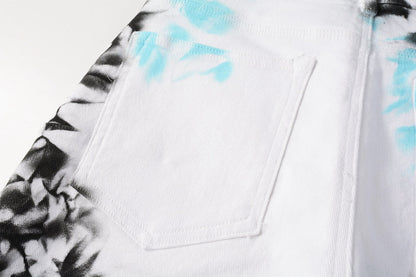 Men Streetwear Denim Shorts White Wash with Blue - Black Ink Floral Print and Raw Hem 5065