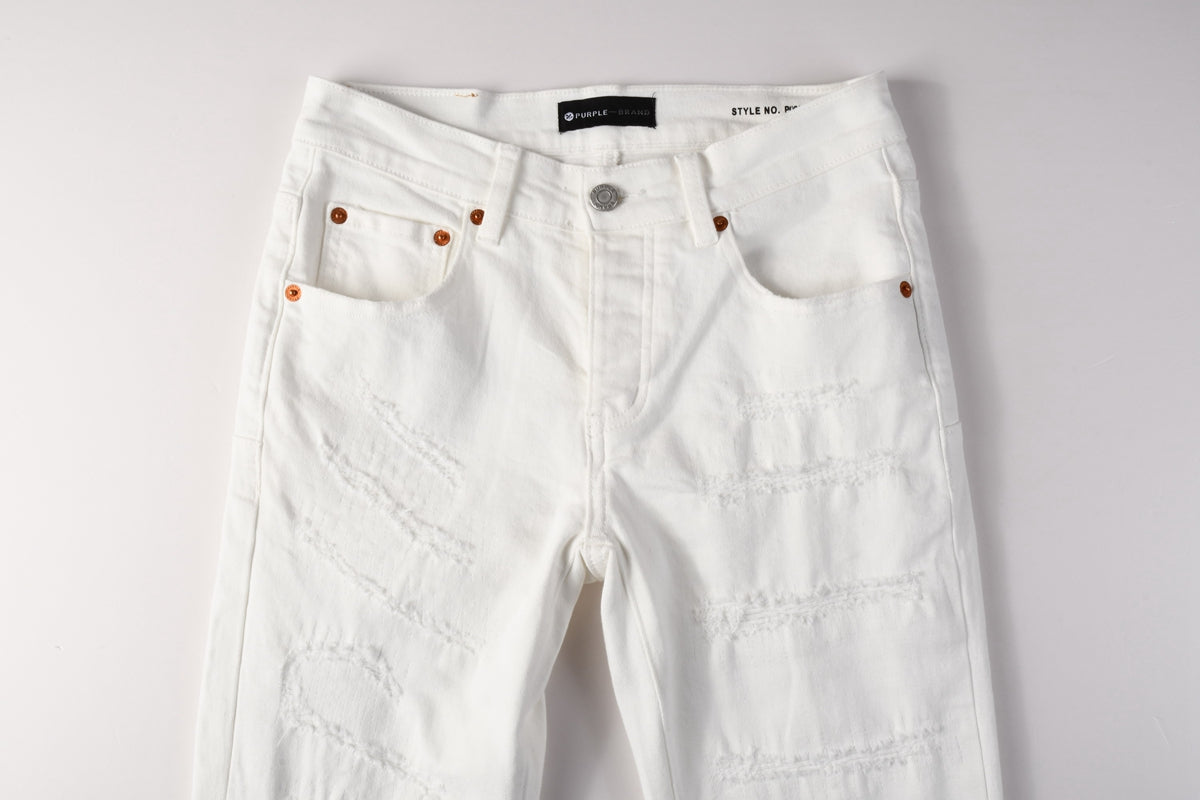 Men Classic Streetwear Skinny Jeans Solid White with Subtle Distressed Details PU9118