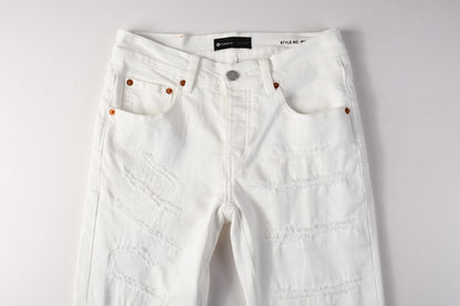 Men Classic Streetwear Skinny Jeans Solid White with Subtle Distressed Details PU9118