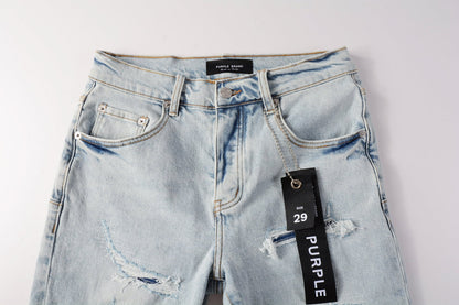 Men Streetwear Denim Shorts Light Blue Wash with Distressed Rips and Raw Hem 5088