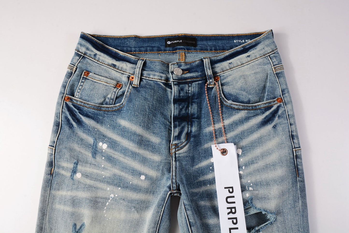 Men Streetwear Skinny Jeans Light Blue Wash with Heavy Distressed Rips and White Paint Splatter 9003