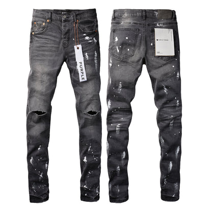 Men Streetwear Skinny Jeans Dark Gray Wash with Knee Rips and White Paint Splatter 9039