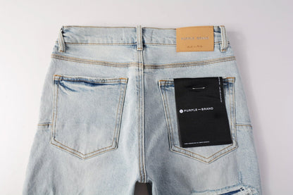 Men Streetwear Denim Shorts Light Blue Wash with Distressed Rips and Raw Hem 5088
