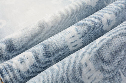 Men Streetwear Skinny Jeans Light Blue Wash with All - Over Pattern Print 9089