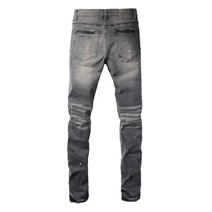 Men Streetwear Distressed Grey Skinny Jeanswith Color Paint Splatter and Knee Rips 9107