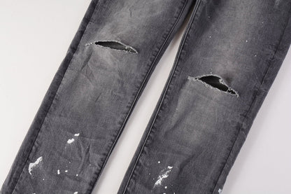 Men Streetwear Skinny Jeans Dark Gray Wash with Knee Rips and White Paint Splatter 9039