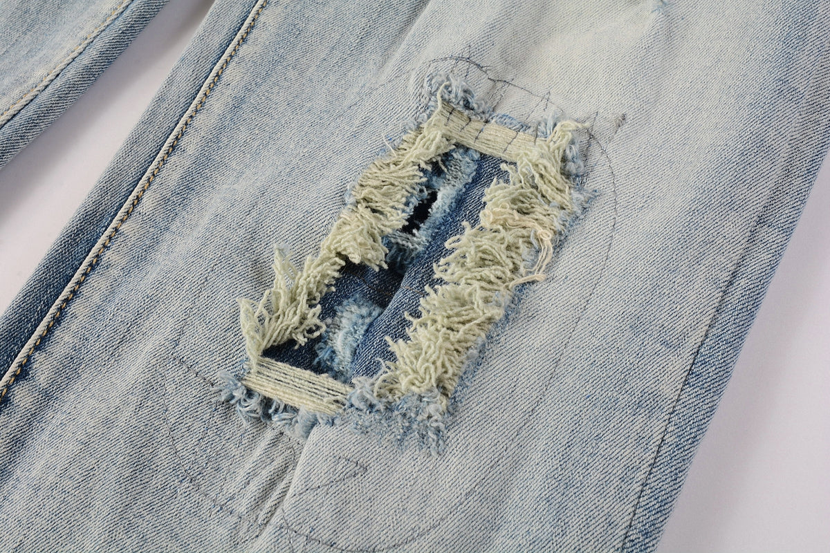 Men Streetwear Skinny Jeans Light Blue Wash with Heavy Distressed Rips 9050