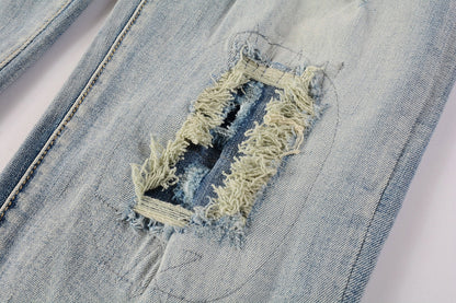 Men Streetwear Skinny Jeans Light Blue Wash with Heavy Distressed Rips 9050