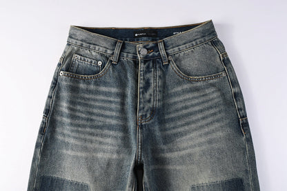 Men Vintage Streetwear Straight Jeans Blue Washed with Whisker Fade and Contrast Panels PU9120