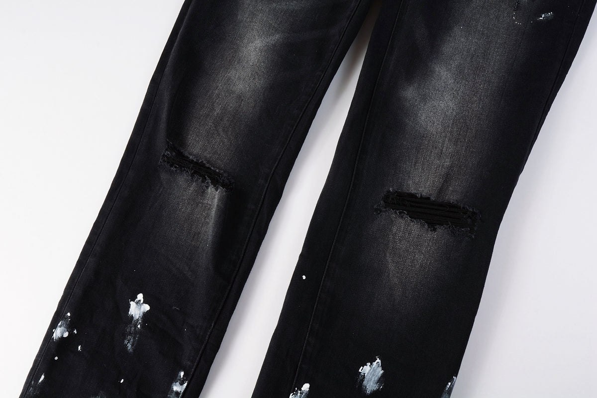 Men Streetwear Skinny Jeans Black Fade Wash with White Paint Splatter and Distressed Rips 9002
