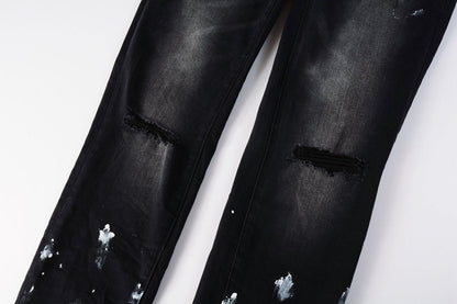 Men Streetwear Skinny Jeans Black Fade Wash with White Paint Splatter and Distressed Rips 9002