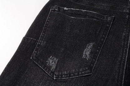 Men Streetwear Denim Shorts Black Wash with Distressed Rips and Raw Hem 5083