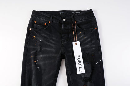 Mens Jeans - Distressed Black Denim with Knee Slit and Ripped Hole 9045