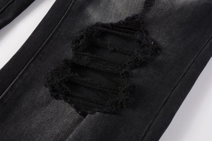 Men Streetwear Skinny Jeans Black Wash with Knee Ripped Details 9029