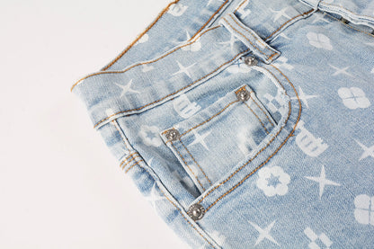Men Streetwear Skinny Jeans Light Blue Wash with All - Over Pattern Print 9089