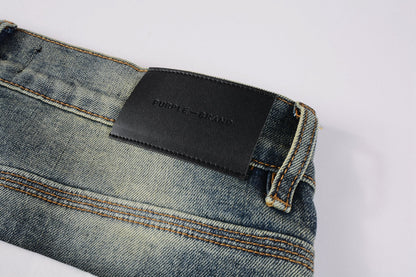 Men Streetwear Skinny Jeans Light Blue Wash with Faded Gradient Distress 9042
