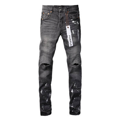 Men Streetwear Skinny Jeans Dark Gray Wash with Knee Rips and White Paint Splatter 9039