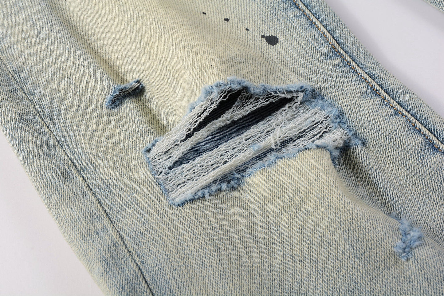 Men Streetwear Skinny Jeans Light Blue Wash with White Paint Splatter and Distressed Rips 9007