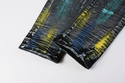 Men Streetwear Skinny Jeans Black Wash with Colorful Graffiti Paint Splash 9078