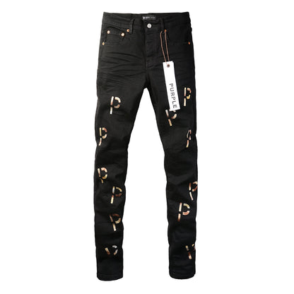 Men Streetwear Skinny Jeans Black Wash with All-Over Metallic Gold "P" Print 9008