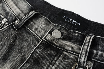 Men Streetwear Denim Shorts Grey Black Wash with Leopard Print Ripped Details and Raw Hem 5068