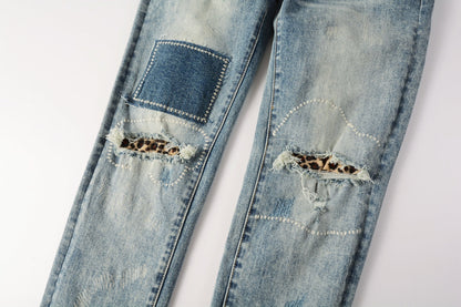 Men Streetwear Jeans Distressed Light Blue Patch Leopard Ripped skinny 9095
